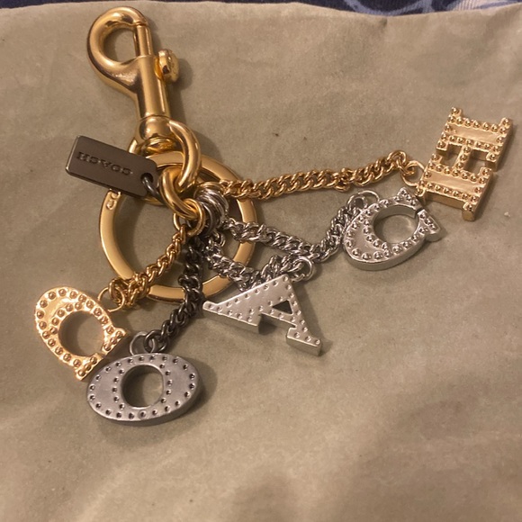 COACH Gold Silver Tone Sparkle Monogram Bag Charm Keychain - Picture 3 of 5